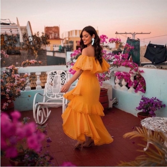 MISA Los Angeles Bethina Eyelet Off Shoulder Ruffled Dress Marigold Yellow XS - Picture 2 of 13